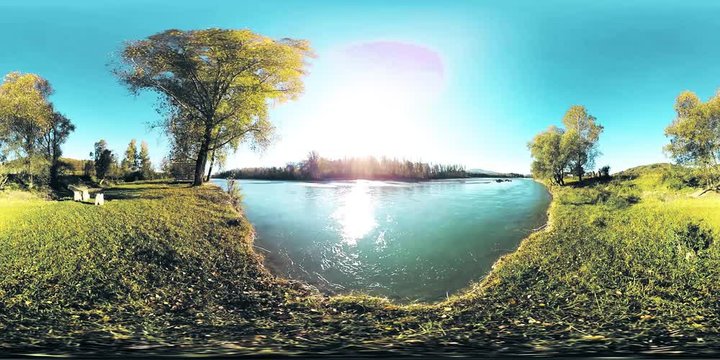 360 VR Virtual Reality of a river flows over rocks in this beautiful scene in the Altai mountains forest in autumn or summer day. Original sound.