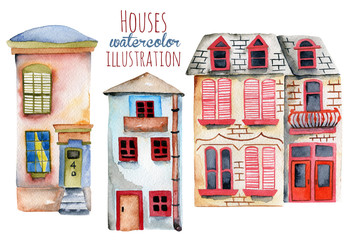 Set of watercolor english houses, hand painted isolated on a white background