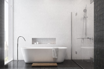 Plakat White bathroom, black tiles, shower