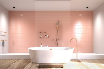 Naklejka na ściany i meble Pink bathroom with white tiles