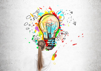 Blond woman drawing a light bulb