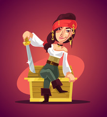 Happy smiling woman pirate sitting on treasure chest. Vector flat cartoon illustration