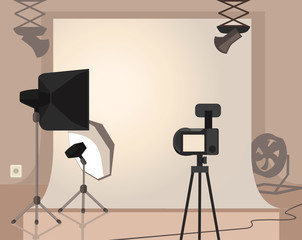 Photography studio with special equipment. Vector flat cartoon illustration