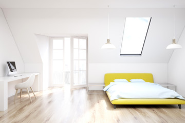 White attic bedroom, wooden floor, yellow