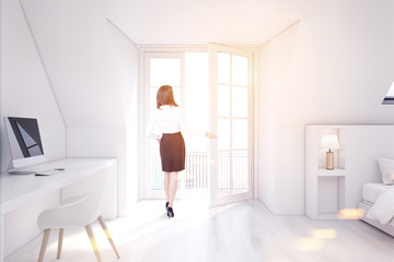 White attic bedroom, home office, girl