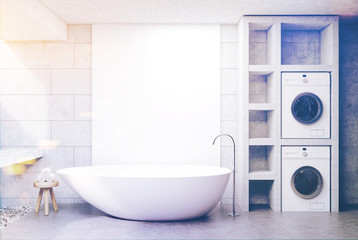 Washing machine bathroom, concrete toned