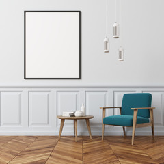 White wall living room, blue armchair