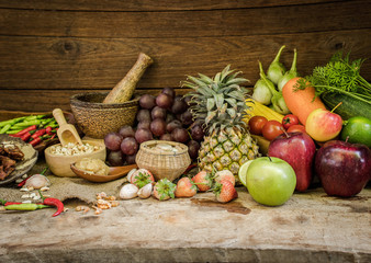 Thai fruit salad material (SomTum) on wooden background