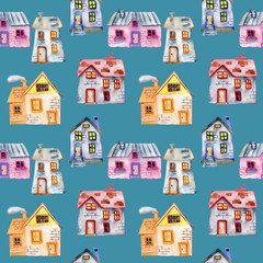 Seamless pattern with watercolor cartoon private houses, hand painted isolated on a bright blue background