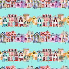 Seamless pattern with cute cartoon watercolor english houses in a row and trees, hand painted  on a bright blue background