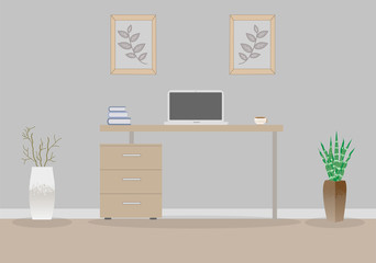 Office in loft style on a gray background. Vector illustration. Table with drawers,decorative branches and a succulent in the beautiful vases floor, cute paintings. Cup with coffee, laptop, books 