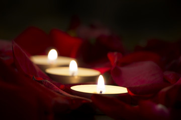 Red rose petals and candles.Romantic background