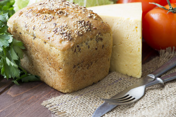 Homemade bread,cheese and tomatoes.Healthy food for breakfast