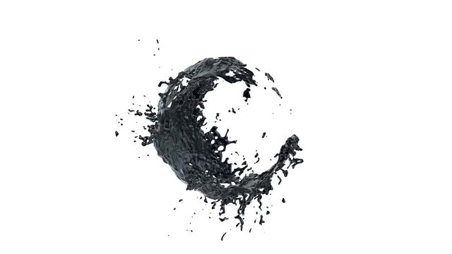 Black paint (oil, petroleum) flows with splashes around sphere with attraction to its center (with alpha channel). Good effect for ids, packshots, round logotypes. Separated on pure white background.