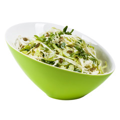 Coleslaw Cabbage Salad with Pumpkin Seeds Isolated on White background. Selective focus.