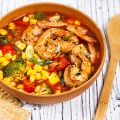 Tomato Soup With Shrimp, Broccoli and Corn. Selective focus.