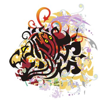 Grunge dragon head with a snake. Tribal dragon inspiring fear formed by a snake for  t-shirt design and another. Colorful dragon splashes with red hearts and red arrows