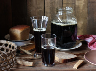 Still life with kvass from rye bread in rustic style.