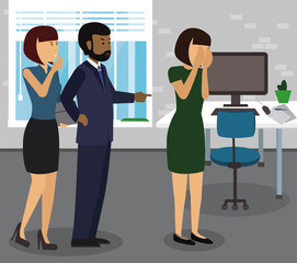 Fototapeta premium Rude boss threatening and yelling, pointing finger at his employee. Give notice, to fire, be dismissed, get sacked, bossing, mobbing and bullying on workplace concepts illustration vector.