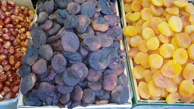 Selection of dry apricot and silverberry at a Turkish delight shop.