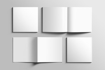 Blank square photorealistic brochure mockup on light grey background. 