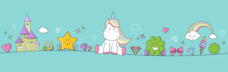 Foto auf Acrylglas Mädchenzimmer Einhorn Pony Fantasy Banner mit Regenbogen, Sternen, Herzen und Kleeblatt
