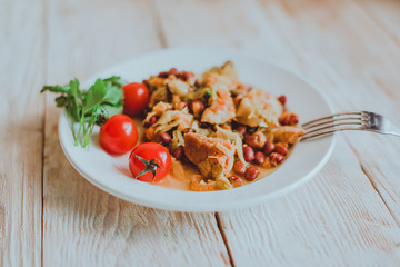 Chili Beans Stew with meat and cabbage, Bread, Red Chili Pepper And Garlic Ready To Be Served, concept of homemade healthy food