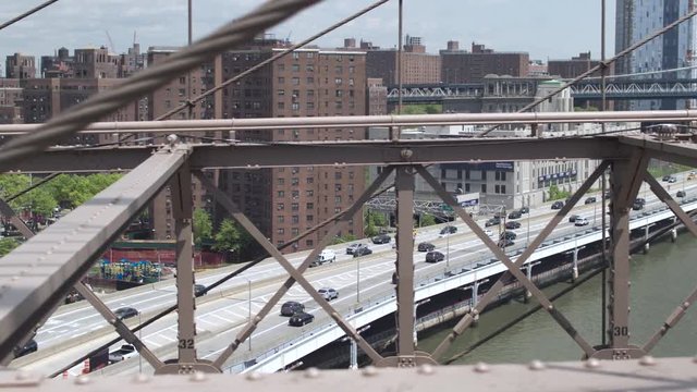 Manhattan transport interchanges in New York. View from the Brooklyn bridge. Dolly shot.