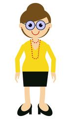 Woman with glasses in yellow cardigan and black skirt. Business style. Vector clip art.