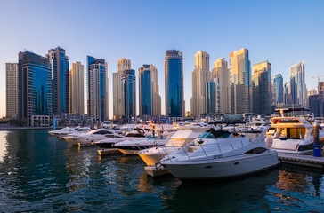 Fototapeta na wymiar Dubai Marina Skyline with Boats