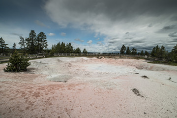 Volcanic Hot Spring and Mud Volcano on Fountain Paint Pot Nature Trail in Yellowstone National Park