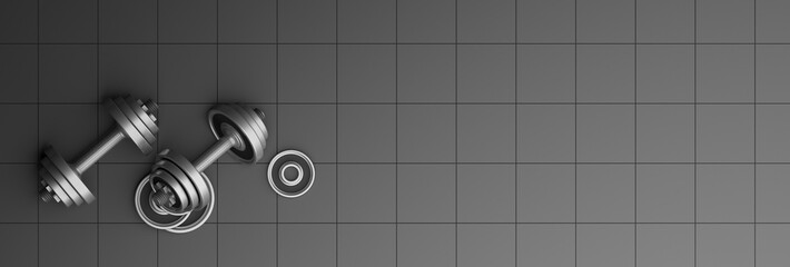 Dumbbells on the floor - tiles background. 3d illustration