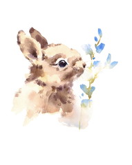 Cute Baby Bunny Rabbit smelling blue flowers Watercolor Hand Drawn Pet Animal Summer Illustration isolated on white background