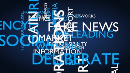 Fake news word tag cloud. 3D rendering, loop able, blue variant. UHD