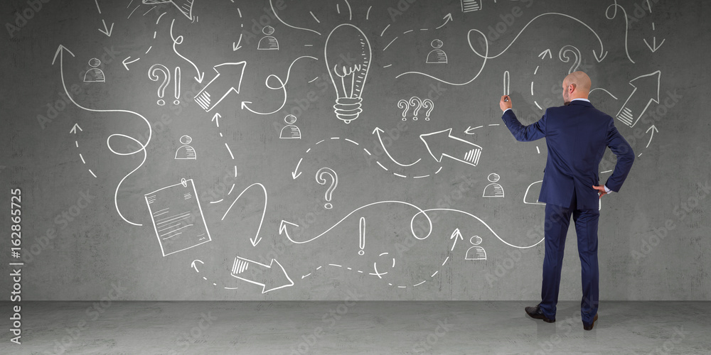 Poster businessman drawing a project sketch on a wall 3d rendering