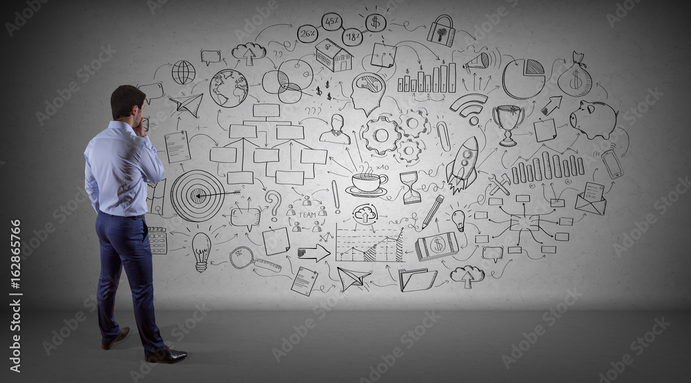 Poster businessman drawing a project sketch on a wall 3d rendering