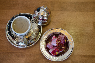 Traditional Turkish coffee and Turkish Delight, Close up image of delicious coffee from Turkey