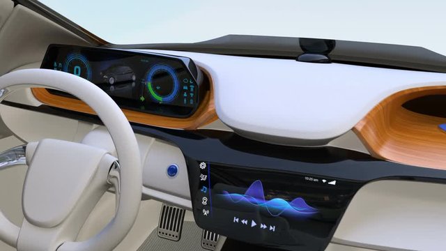 Autonomous car interior concept. Wooden tray near dashboard could charging smartphone by wireless recharging technology.  3D rendering animation.