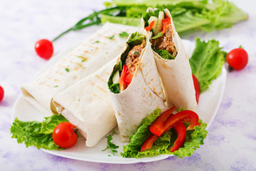Burritos wraps with minced beef and vegetables on a light background.