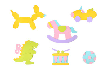 Toys paper cut on white background - isolated  (handmade paper cut, not illustration)