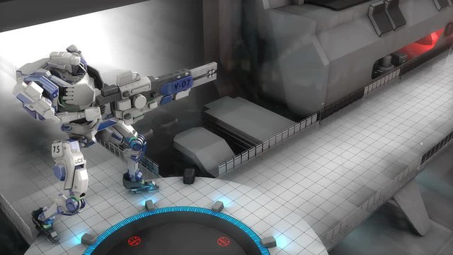 3D CG, battle robot shooting laser gun.	