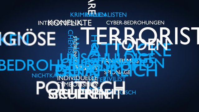 Terrorist attack word tag cloud. 3D rendering, loop able, blue German variant. UHD