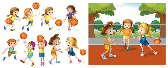 Girls and boys playing basketball