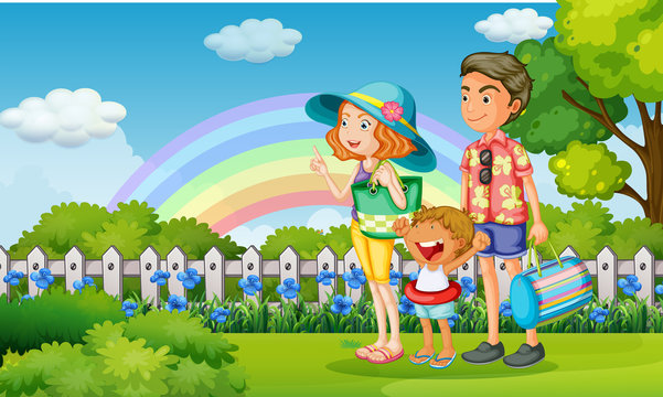 Family in the park on rainbow day