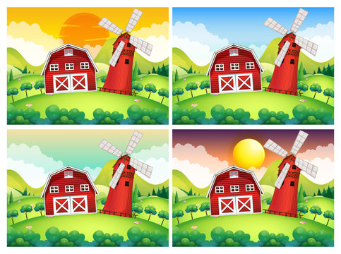 Scene with barn and windmill at day and night