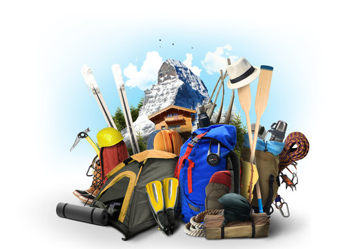 Travel backpacks with climbing equipment and mountain in the background