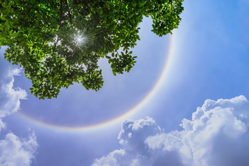 Sun halo with cloud in the blue sky.