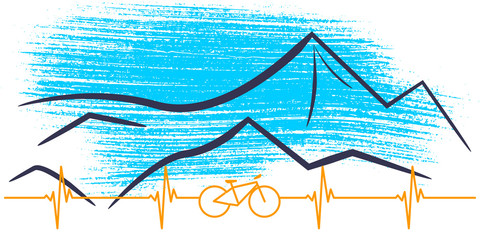 Symbol, Fahrrad und Herzlinie, Berge als Hintergrund