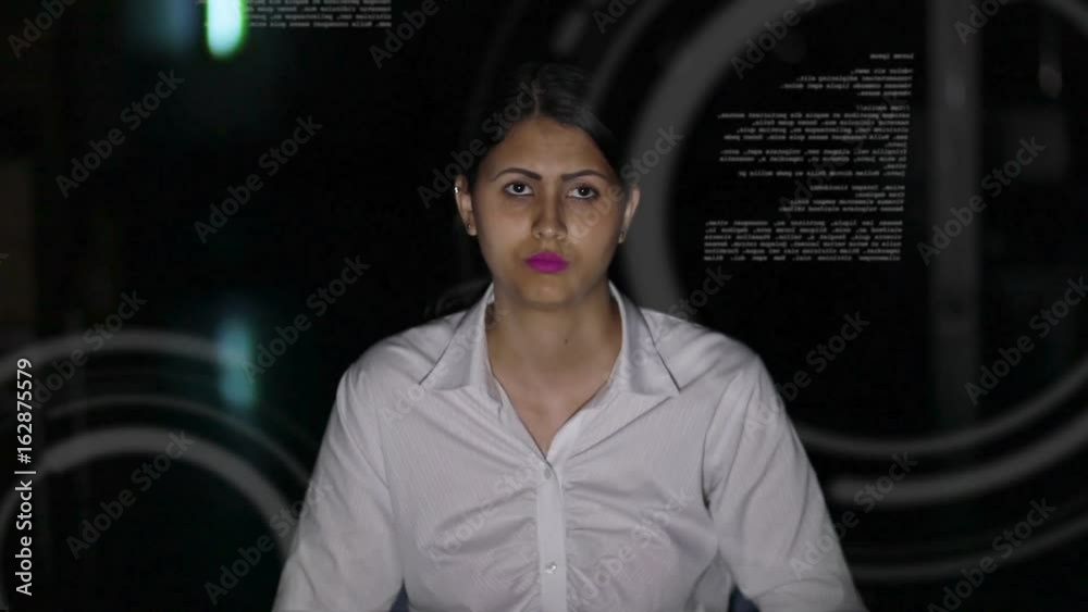 Poster businesswoman looking at futuristic interface. IoT(Internet of Things). ICT(Information Communication Technology). GUI(Graphical User Interface). HUD(Heads up Display).