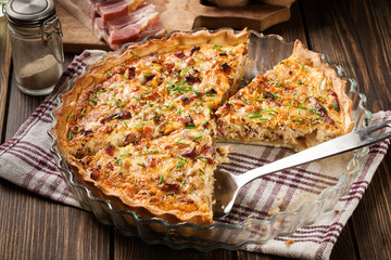 Homemade quiche lorraine with bacon and cheese